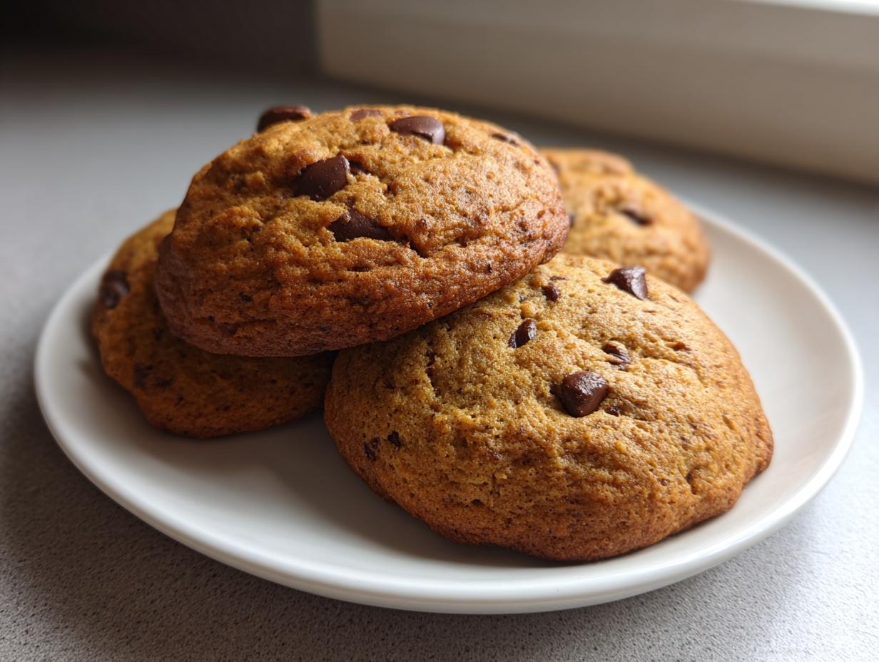 A close-up of several soft, golden banana bread cookies loaded with chocolate chips, stacked on a white plate.