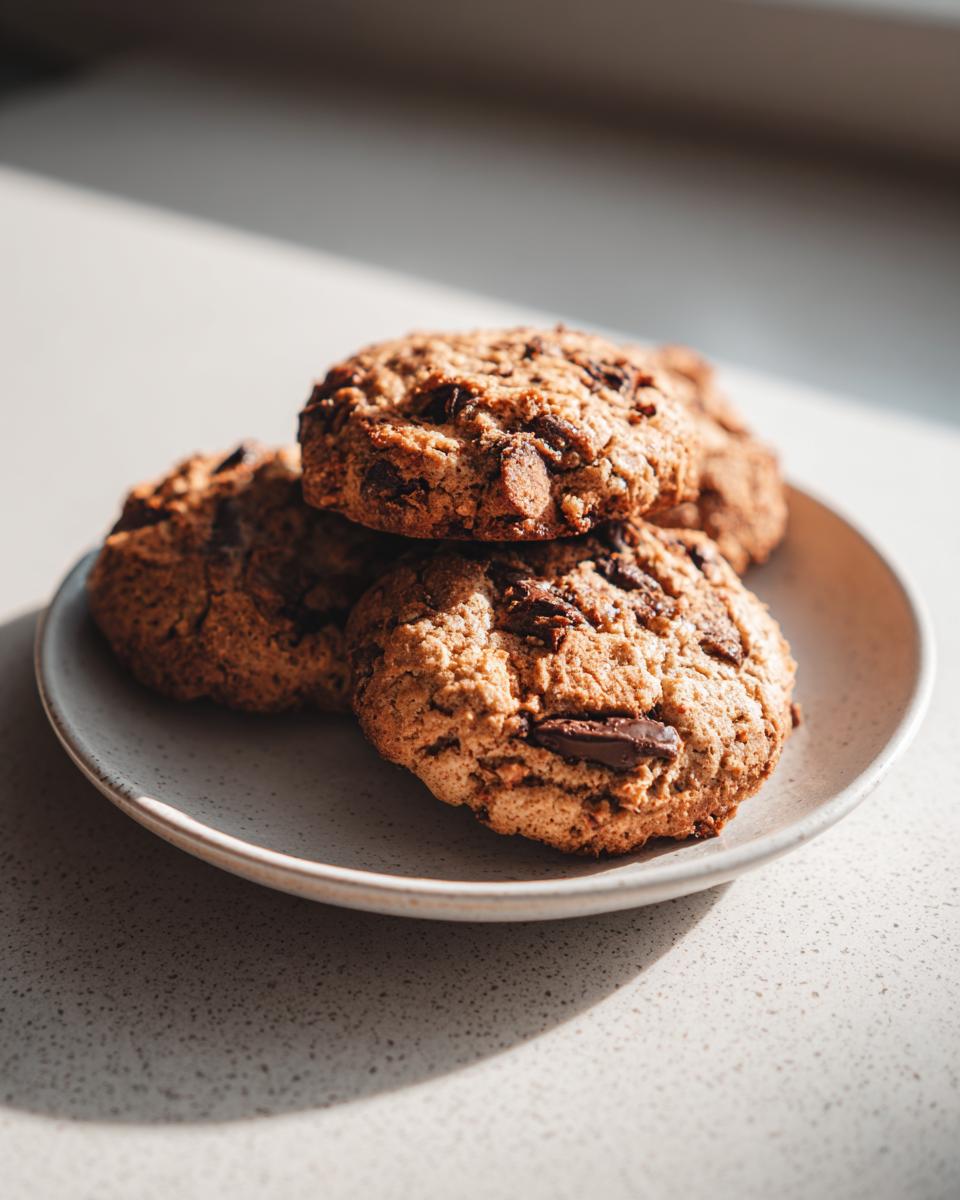 A stack of four freshly baked banana bread cookies loaded with chocolate chunks resting on a small speckled plate.