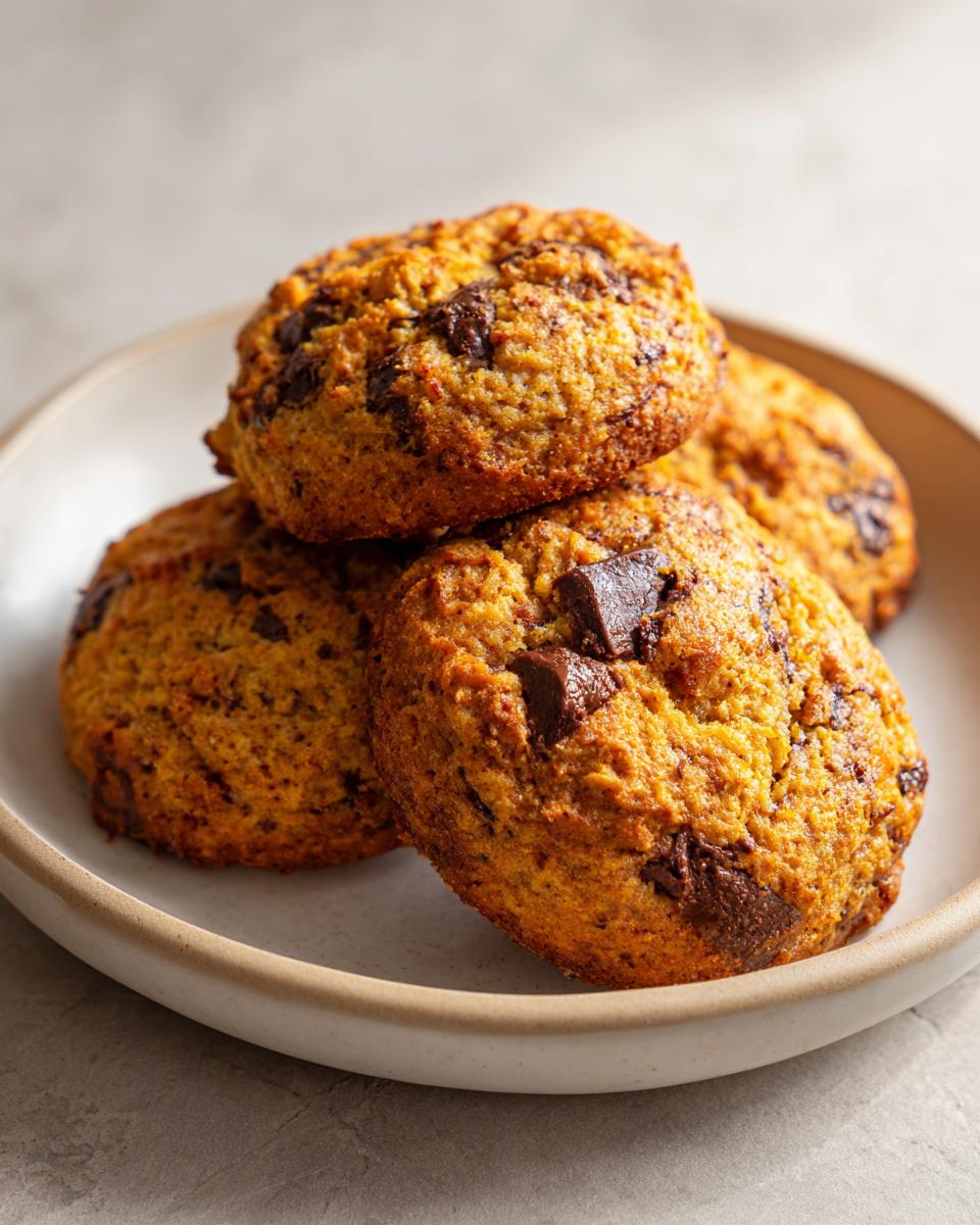 A close-up stack of four moist banana bread cookies studded with dark chocolate chunks on a light ceramic plate.