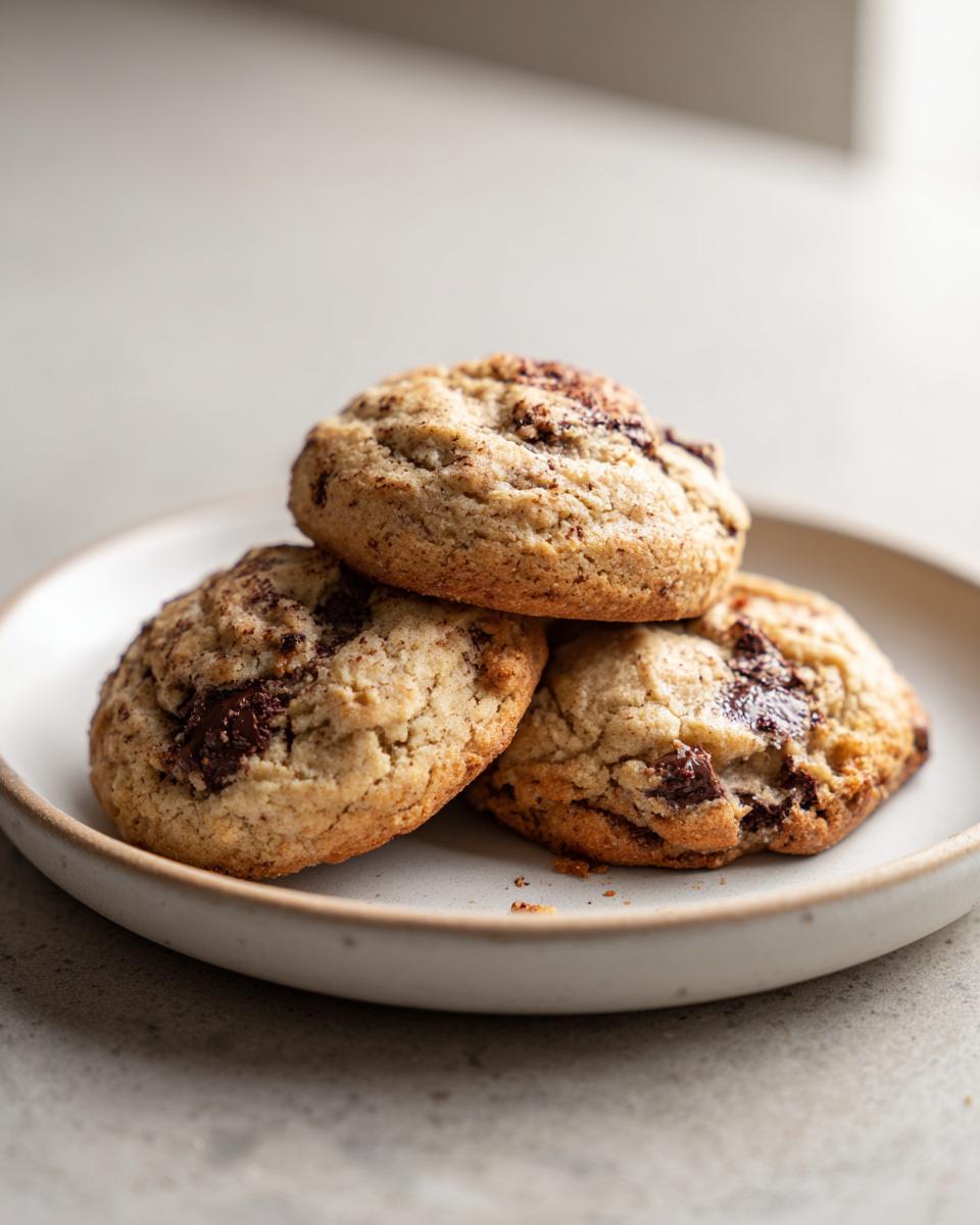 Three soft, thick banana bread cookies stacked on a speckled ceramic plate, featuring visible melted chocolate chunks.