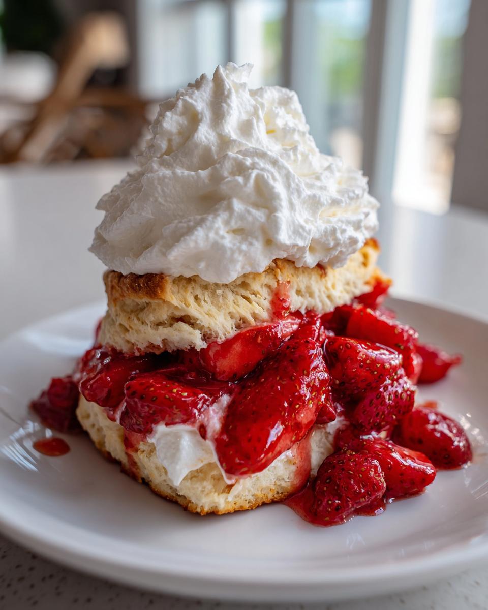 Close-up of a delicious strawberry shortcake featuring a split biscuit layered with macerated strawberries and topped high with whipped cream.