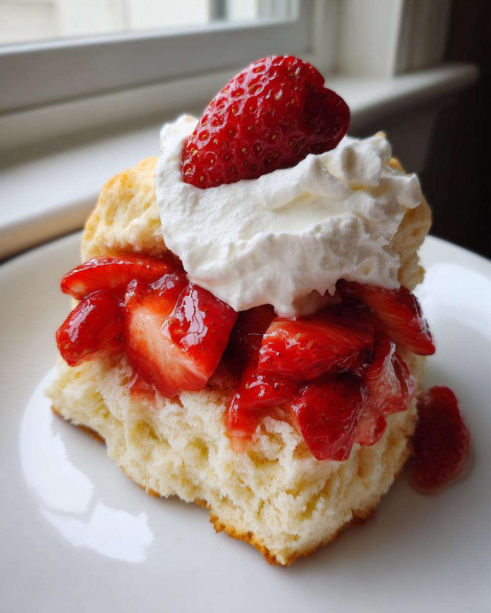 Close-up of a fluffy biscuit split and topped with macerated strawberries and whipped cream for strawberry shortcake.