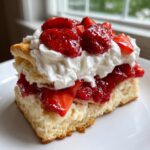A close-up of a delicious strawberry shortcake slice featuring layers of biscuit, macerated strawberries, and whipped cream.