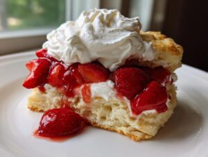 Close-up of a fluffy biscuit layered with macerated strawberries and topped high with whipped cream, a classic strawberry shortcake.