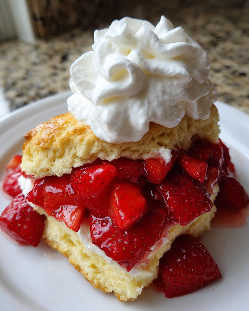 A close-up of a delicious strawberry shortcake featuring a split biscuit, macerated strawberries, and a generous topping of whipped cream.