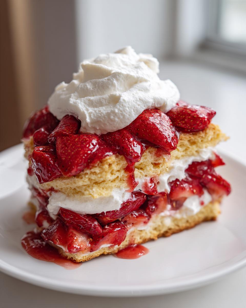 A tall slice of strawberry shortcake featuring layered biscuit, macerated strawberries, and whipped cream topping.