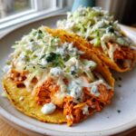 Two crispy shell buffalo chicken tacos filled with shredded orange chicken, melted cheese, and topped with blue cheese slaw.