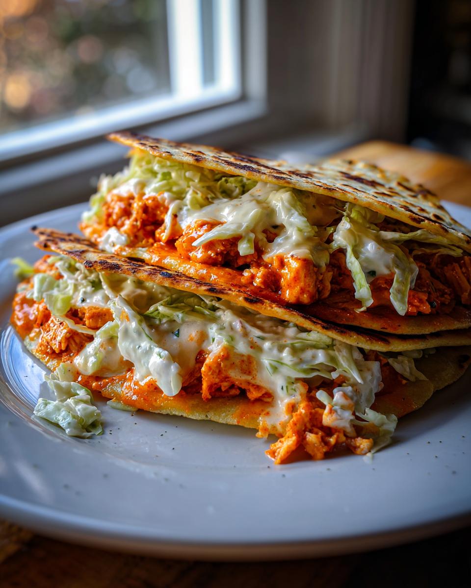 Two delicious buffalo chicken tacos loaded with orange sauce, shredded lettuce, and ranch drizzle on a white plate.