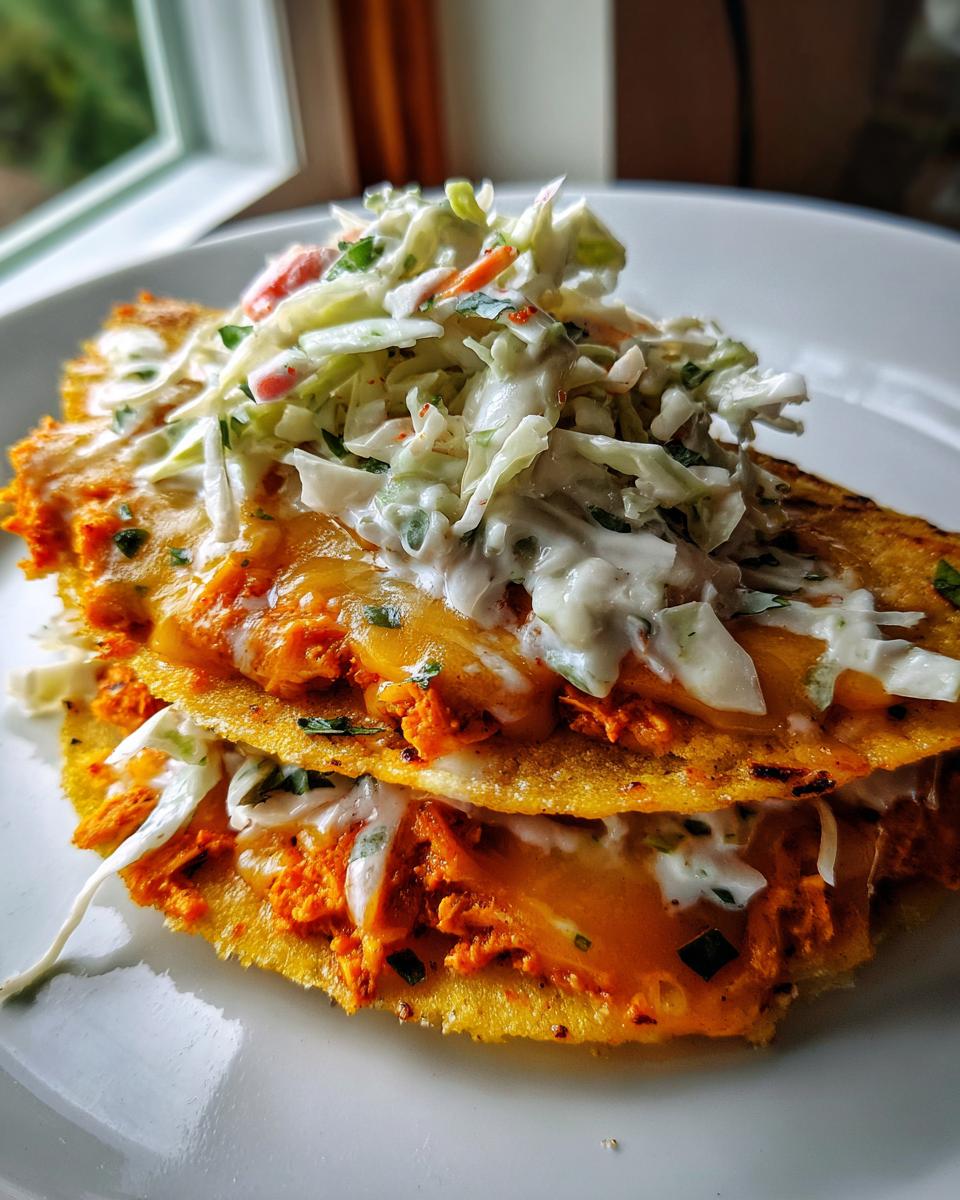 Close-up of two stacked buffalo chicken tacos filled with orange buffalo sauce chicken and melted cheese, topped with creamy coleslaw.