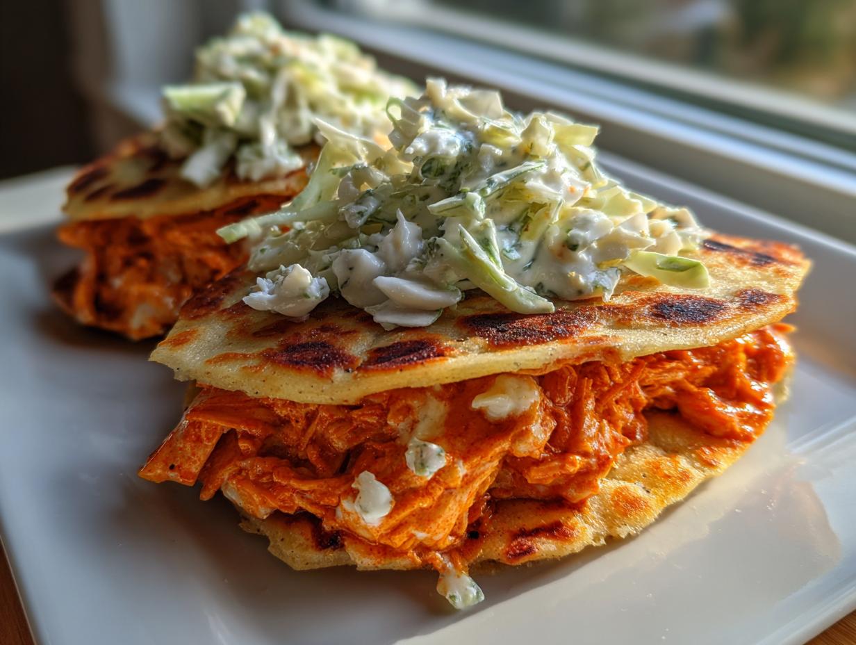 Two delicious buffalo chicken tacos filled with shredded orange chicken and topped with creamy blue cheese slaw.