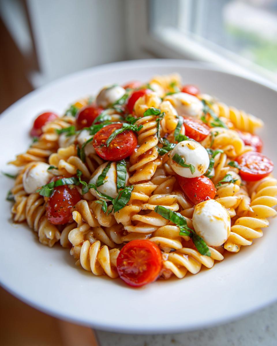 Close-up of a serving of caprese pasta salad featuring fusilli pasta, cherry tomatoes, and mozzarella balls.
