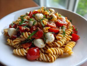 A close-up of a white bowl filled with amazing caprese pasta salad featuring fusilli, cherry tomatoes, mozzarella balls, and basil.
