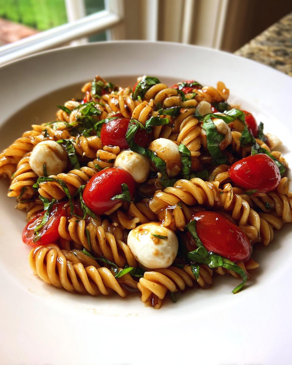 A close-up of a serving of caprese pasta salad featuring fusilli, cherry tomatoes, mozzarella balls, and fresh basil.