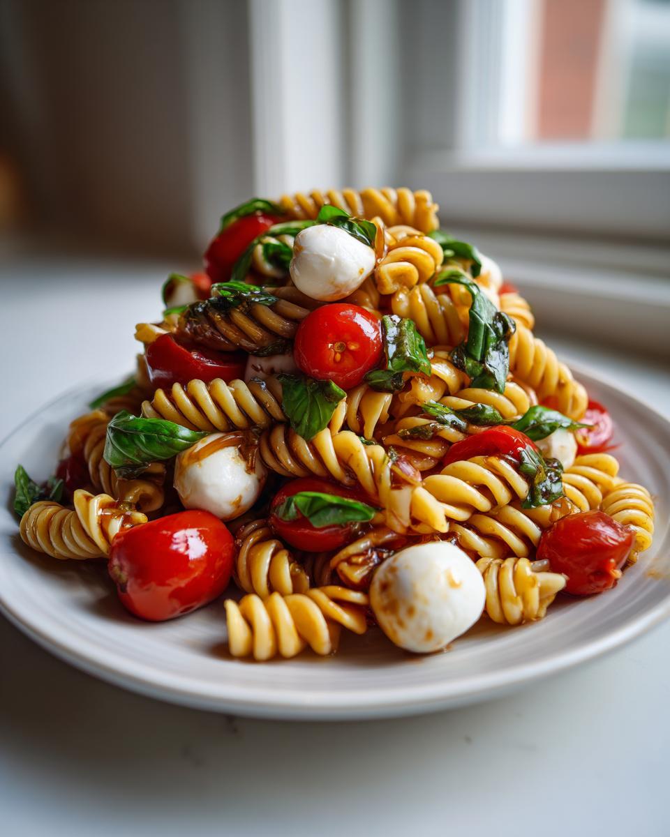 A mound of delicious caprese pasta salad featuring fusilli, cherry tomatoes, mozzarella balls, and fresh basil.