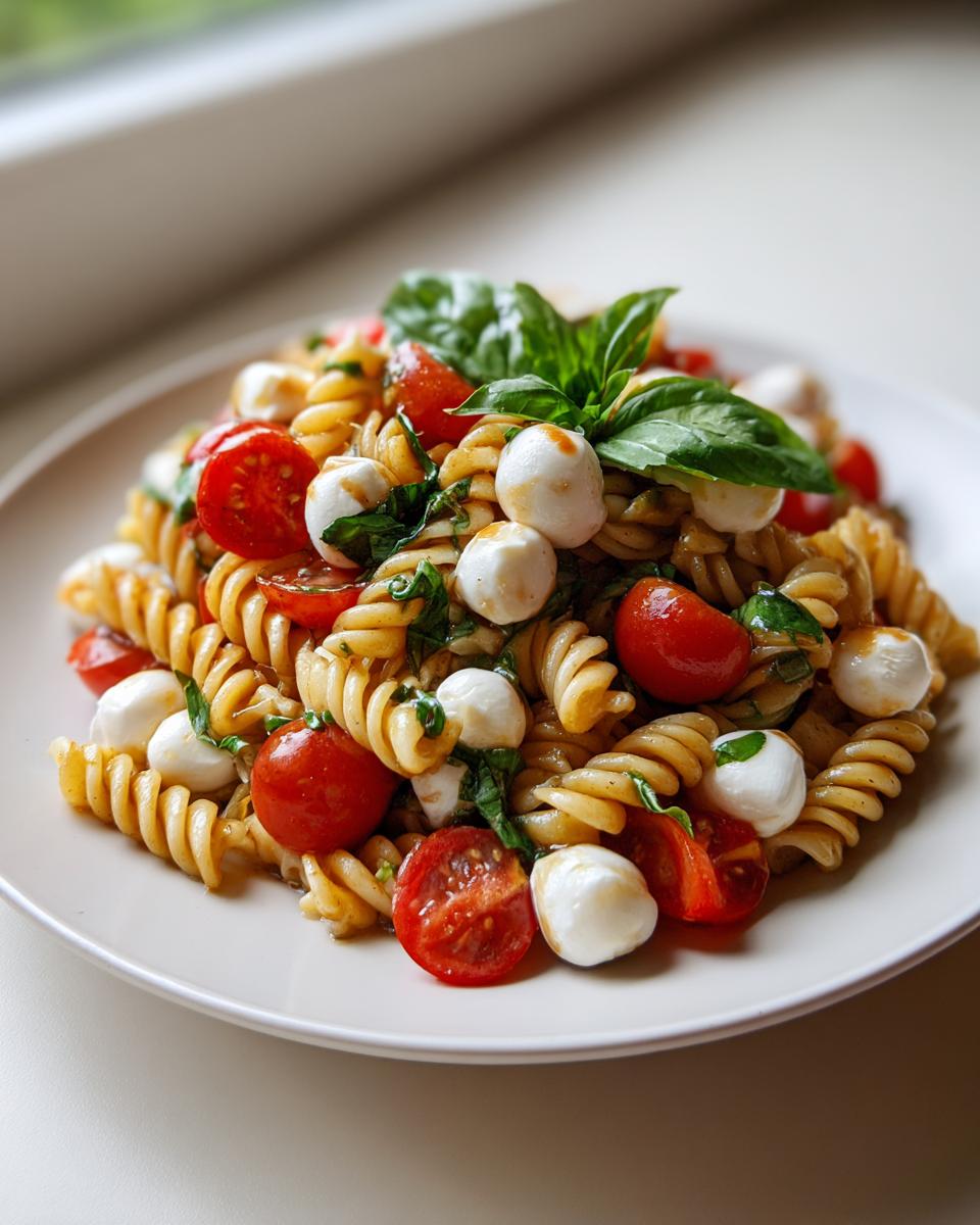 A close-up of a plate featuring vibrant caprese pasta salad with fusilli, cherry tomatoes, mozzarella balls, and fresh basil.