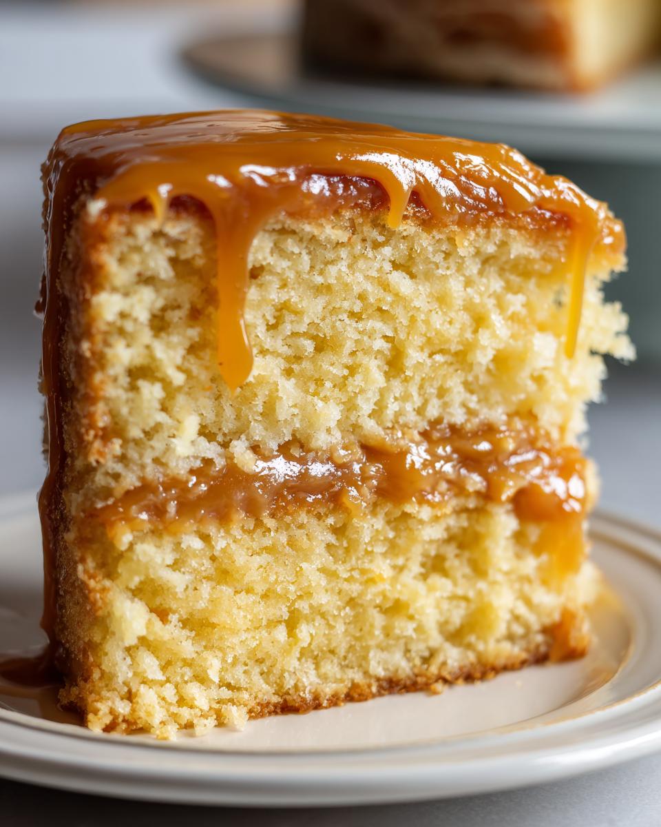 Close-up of a moist slice from a caramel cake recipe, featuring two layers and thick caramel dripping down the sides.