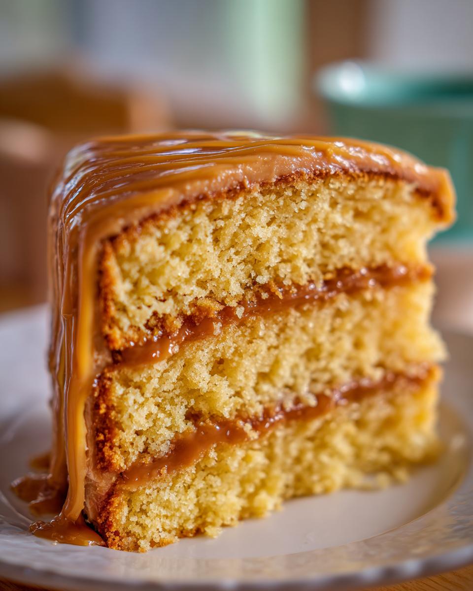 Close-up of a moist slice of caramel cake recipe with thick layers and a generous caramel drizzle.