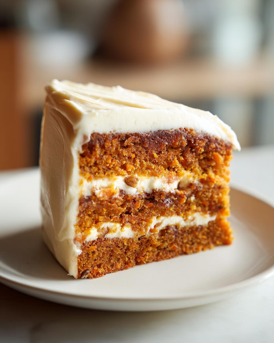 A thick, decadent slice of carrot cake cheesecake layered with cream cheese frosting.