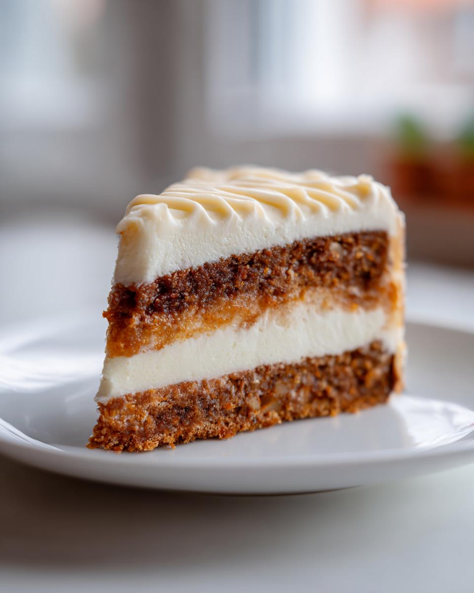 A close-up of a perfect slice of carrot cake cheesecake with cream cheese frosting layers on a white plate.