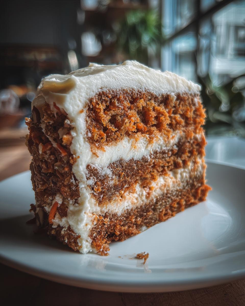 A tall, decadent slice of carrot cake cheesecake with three layers of cake and cream cheese frosting.