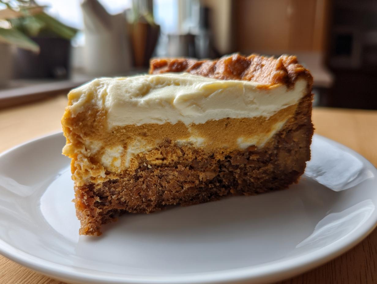 Close-up of a thick slice of carrot cake cheesecake showing layers of crust, spiced filling, and cream cheese topping.