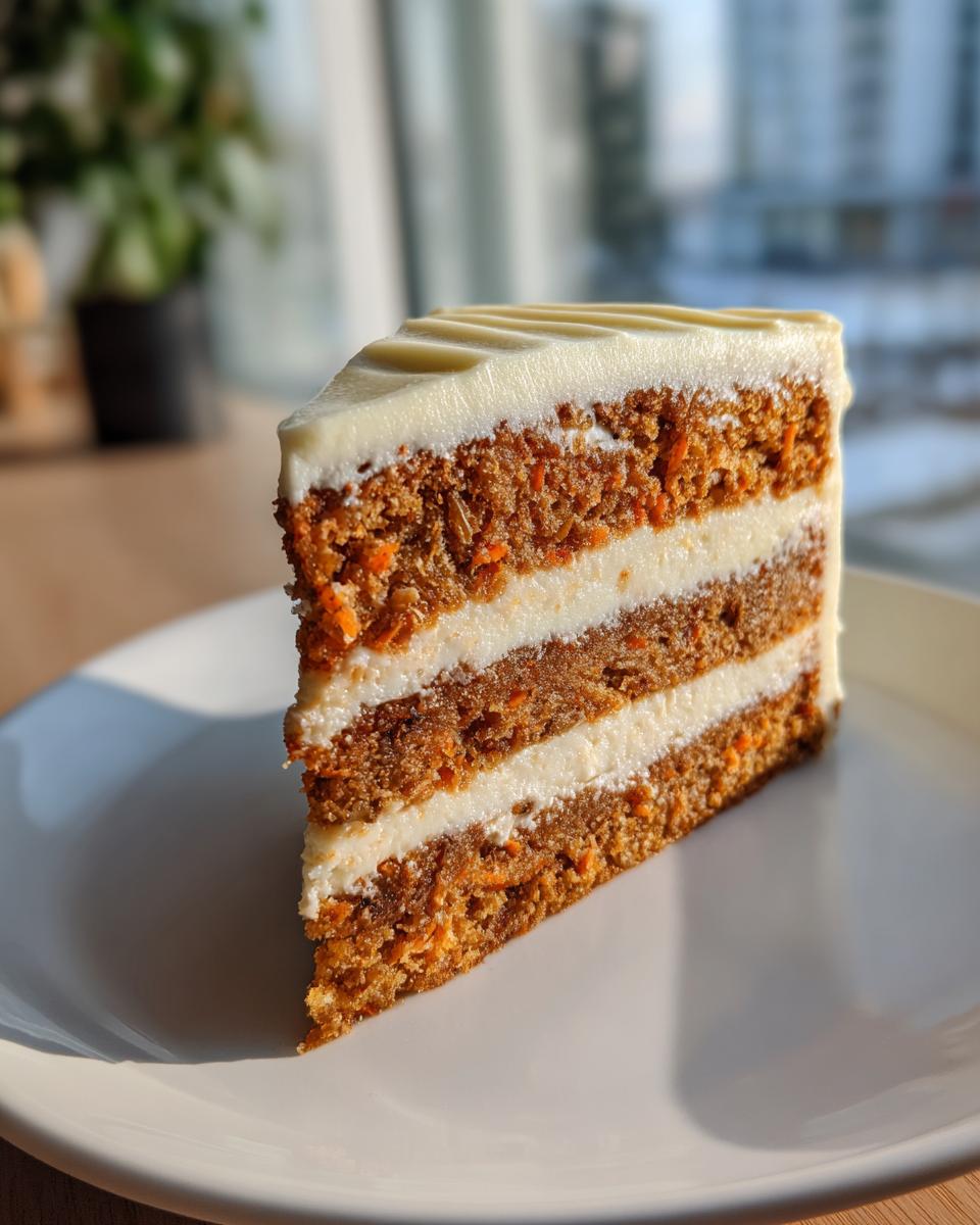 A tall, moist slice of carrot cake cheesecake with three layers of cake and two layers of cream cheese filling.