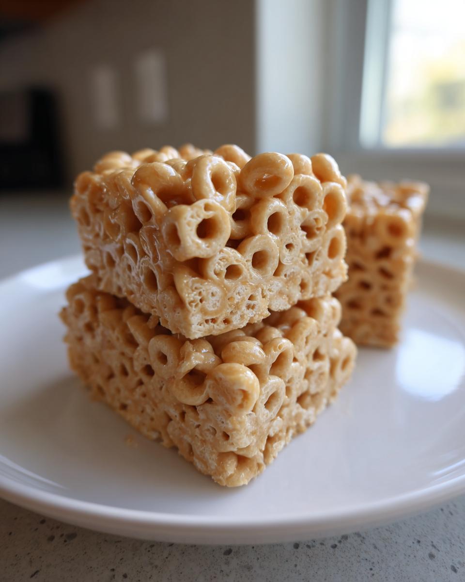 Two square, gooey cheerio bars stacked on a white plate, showing the texture of the cereal rings.