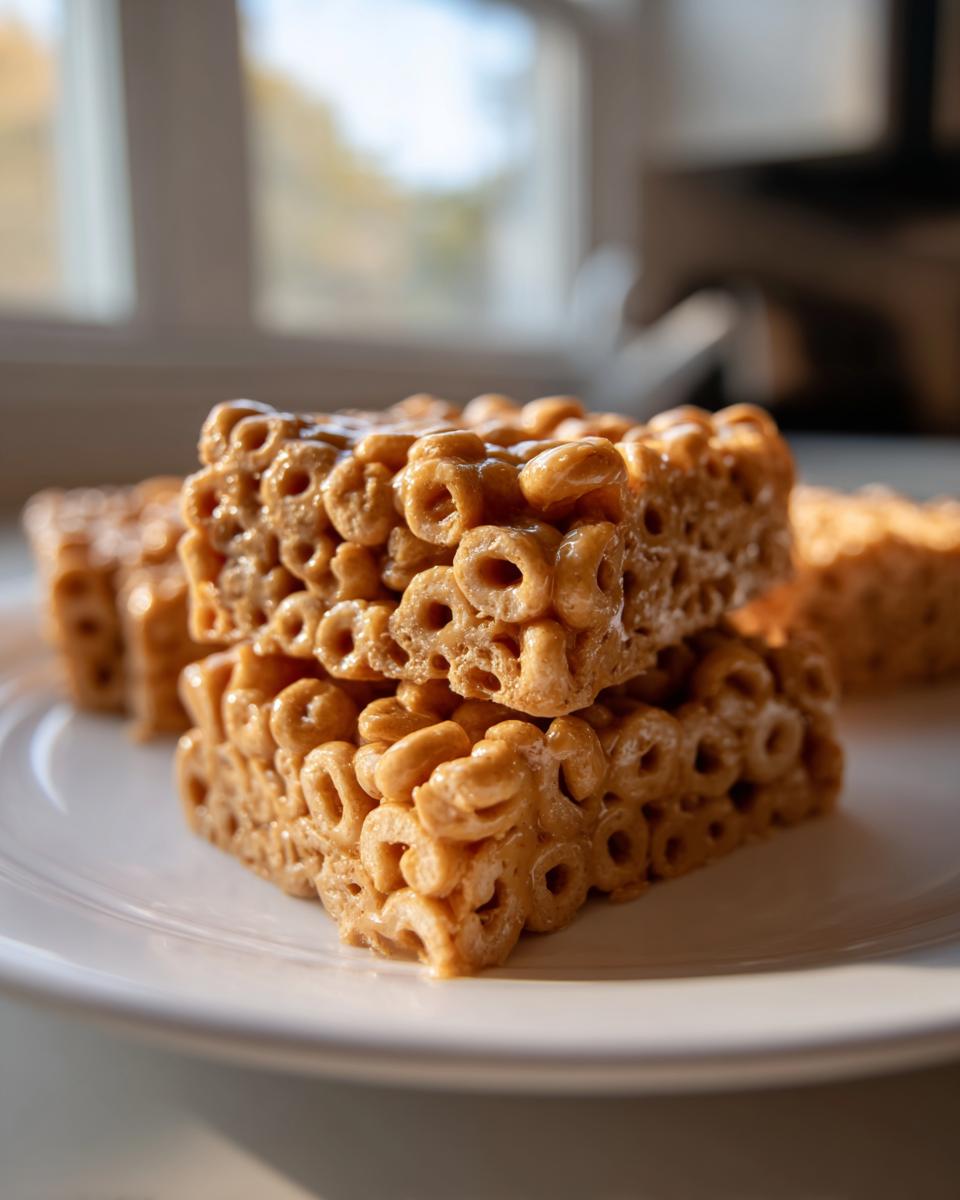 Two square, gooey Cheerio bars stacked on a white plate, made with toasted cereal rings.