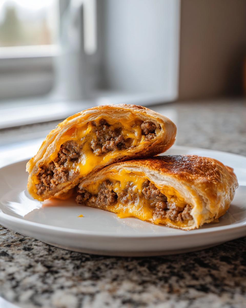 Two halves of a golden-brown cheeseburger egg roll, revealing a filling of seasoned ground beef and melted cheddar cheese.