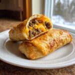 Two crispy, golden-brown cheeseburger egg rolls on a white plate, one cut open revealing seasoned ground beef and melted cheddar cheese.
