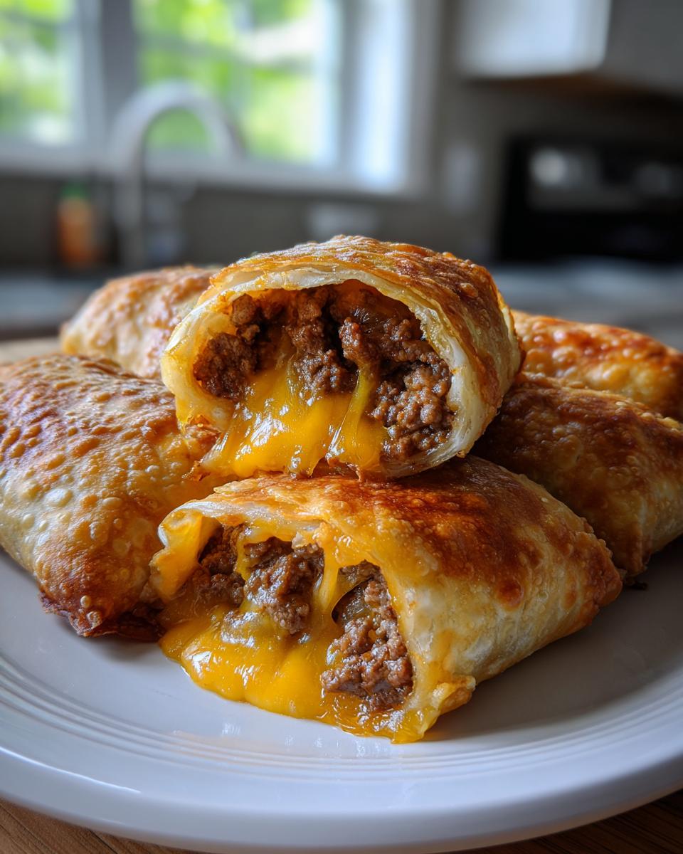 Close-up of crispy cheeseburger egg rolls cut open showing melted cheddar cheese oozing out with seasoned ground beef.