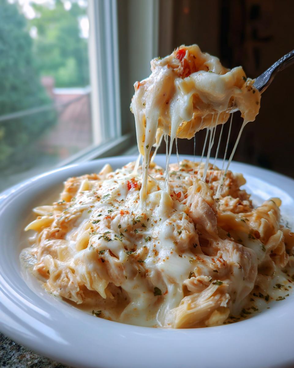A fork lifts a cheesy, stringy bite of chicken parmesan soup over a bowl of the creamy dish.