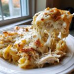 A spoonful of creamy chicken parmesan soup showing extreme cheese pull with shredded chicken.