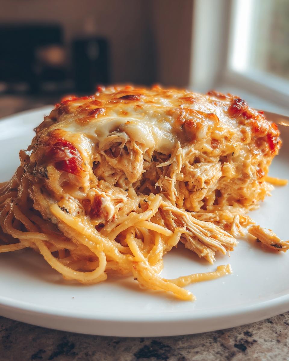 A close-up of a generous serving of creamy, cheesy chicken spaghetti topped with melted, browned cheese.