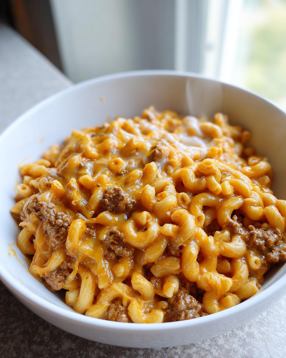 Close-up of a white bowl filled with cheesy taco pasta, featuring elbow macaroni, seasoned ground beef, and melted cheddar cheese.