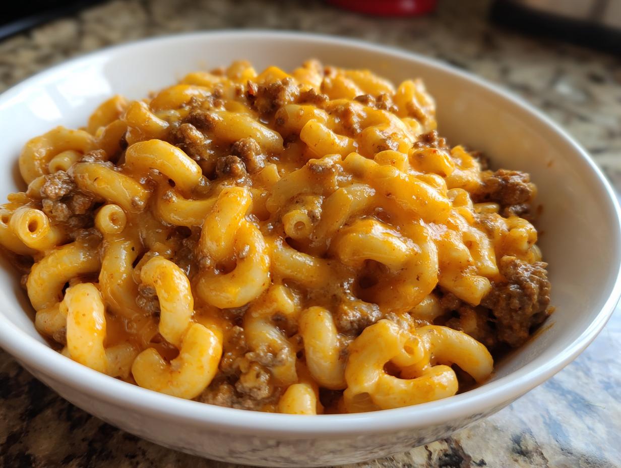 A close-up view of a serving of cheesy taco pasta featuring elbow macaroni mixed with seasoned ground beef and melted orange cheese sauce.