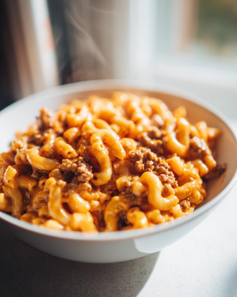 Close-up of a steaming white bowl filled with cheesy taco pasta mixed with seasoned ground beef.