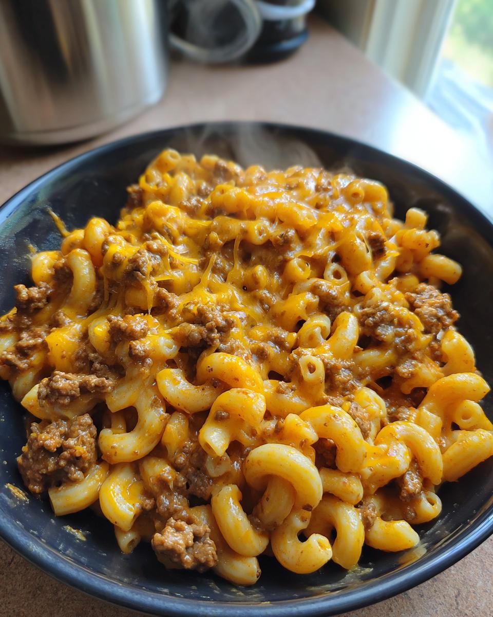 Close-up of a steaming bowl of cheesy taco pasta mixed with seasoned ground beef and melted cheddar cheese.