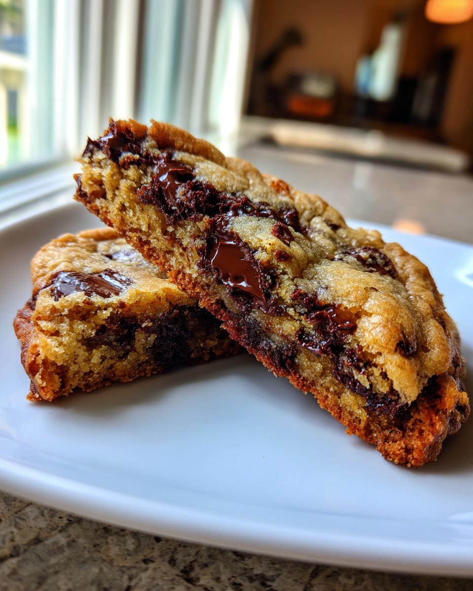 Two halves of a chewy chocolate chip cookie showing a gooey, melted chocolate center.