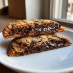 Two halves of a perfectly baked, chewy chocolate chip cookies showing a gooey, melted chocolate center.