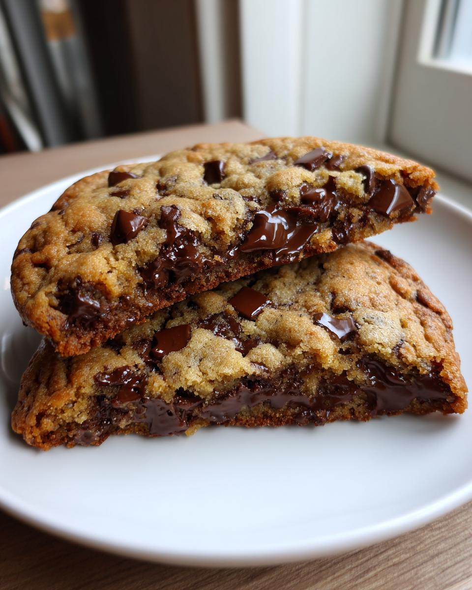 Close-up of two halves of a chewy chocolate chip cookies stacked, showing gooey, melted chocolate center.