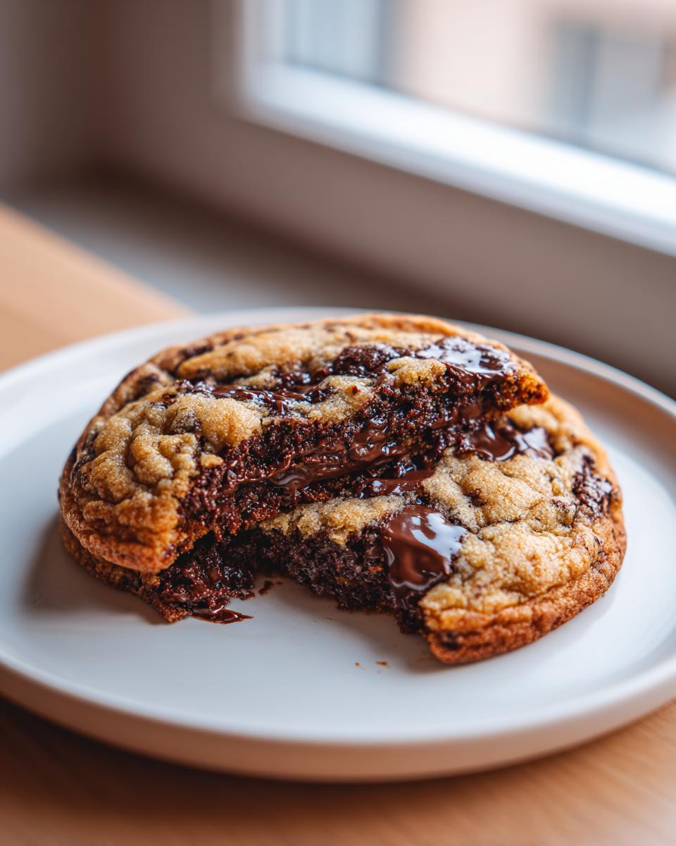 Close-up of a chewy chocolate chip cookies broken in half, showing melted, gooey chocolate inside.