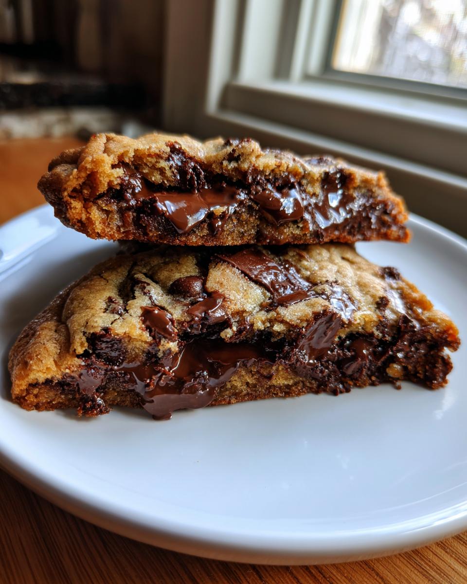 Two halves of a thick, chewy chocolate chip cookie showing molten chocolate center.