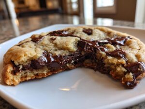 A close-up of a chewy chocolate chip cookie broken in half, showing melted chocolate pools.