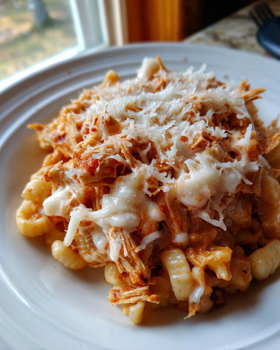 Close-up of a bowl of creamy chicken parmesan soup featuring pasta, shredded chicken, and melted mozzarella cheese topping.