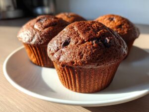 Four freshly baked, dark brown chocolate chip muffins sitting on a white plate in warm sunlight.