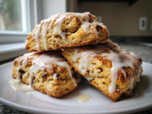 Three golden brown chocolate chip scones stacked and drizzled generously with white vanilla glaze.