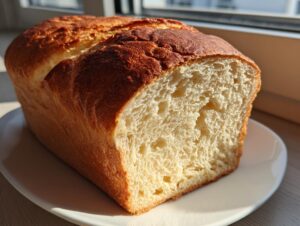 A golden-brown loaf of soft cottage cheese bread, sliced to show the fluffy interior, resting on a white plate.