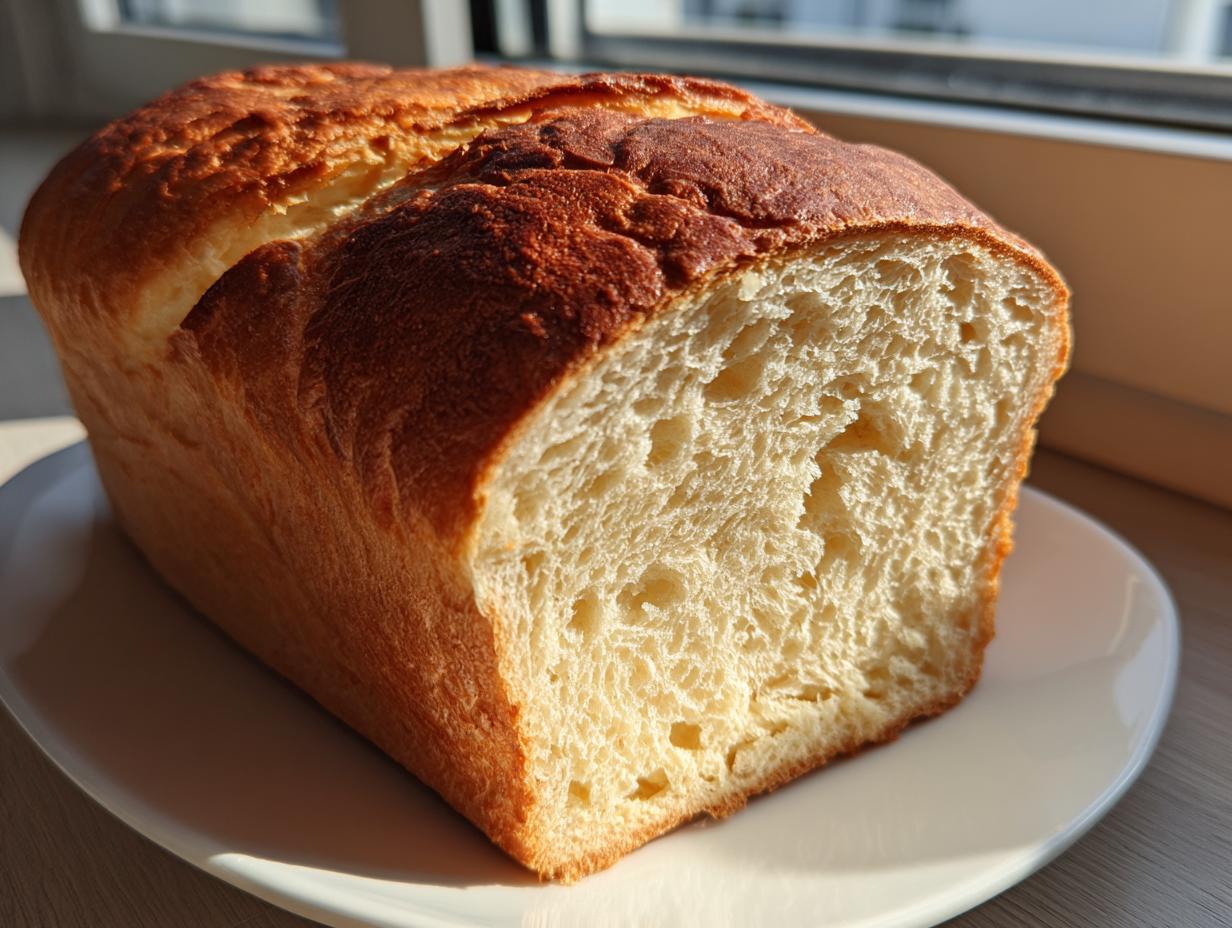 A golden-brown loaf of soft cottage cheese bread, sliced to show the fluffy interior, resting on a white plate.