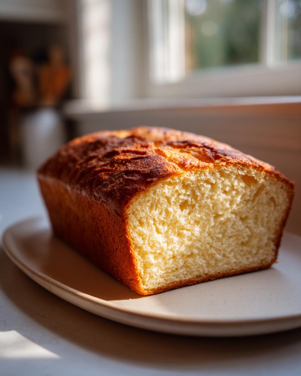 A golden-brown loaf of soft cottage cheese bread, sliced to show the fluffy interior, resting on a plate.